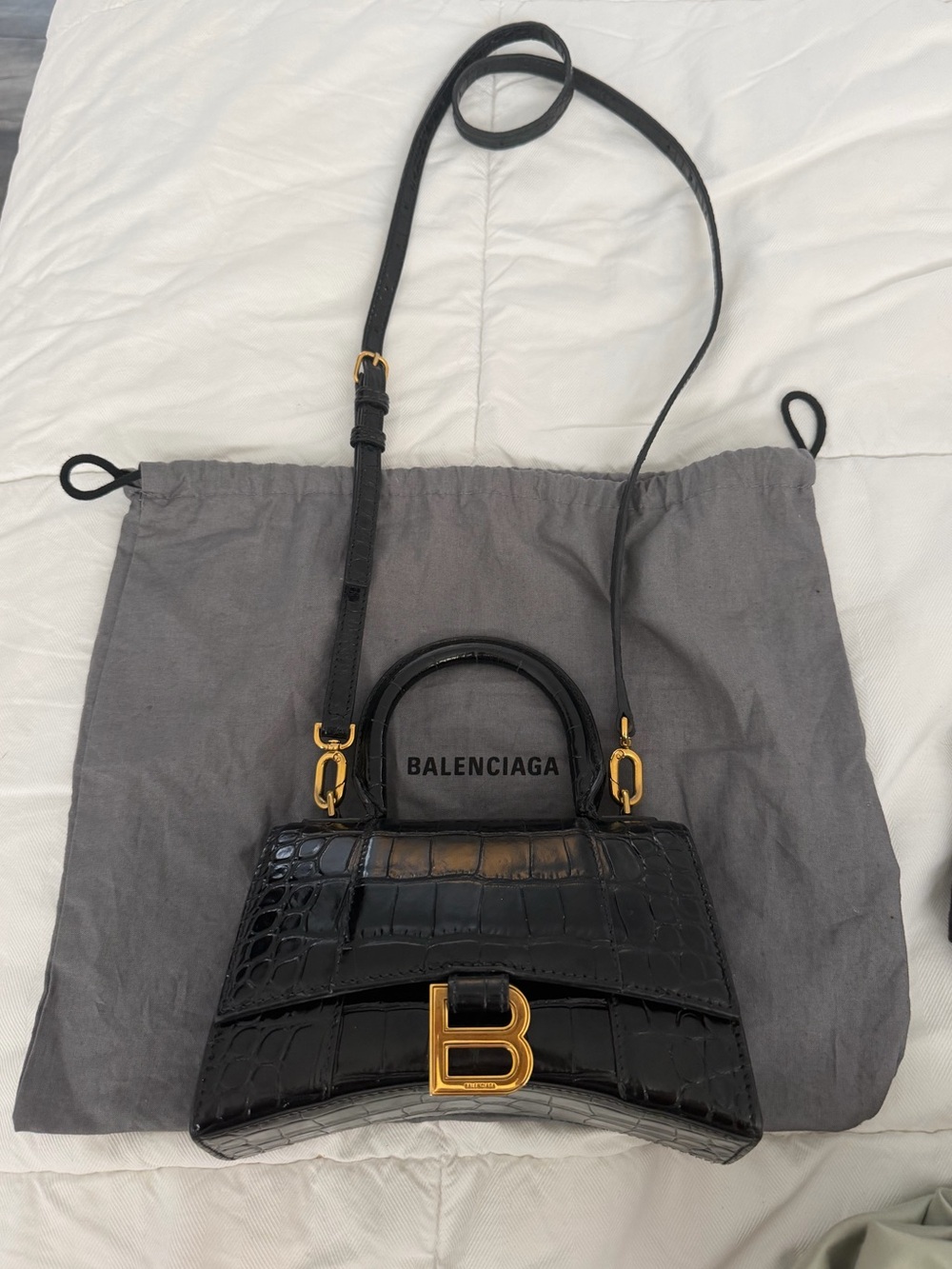 Balenciaga XS Black Croc-Embossed Hourglass Top Handle Bag with aged gold hardwa